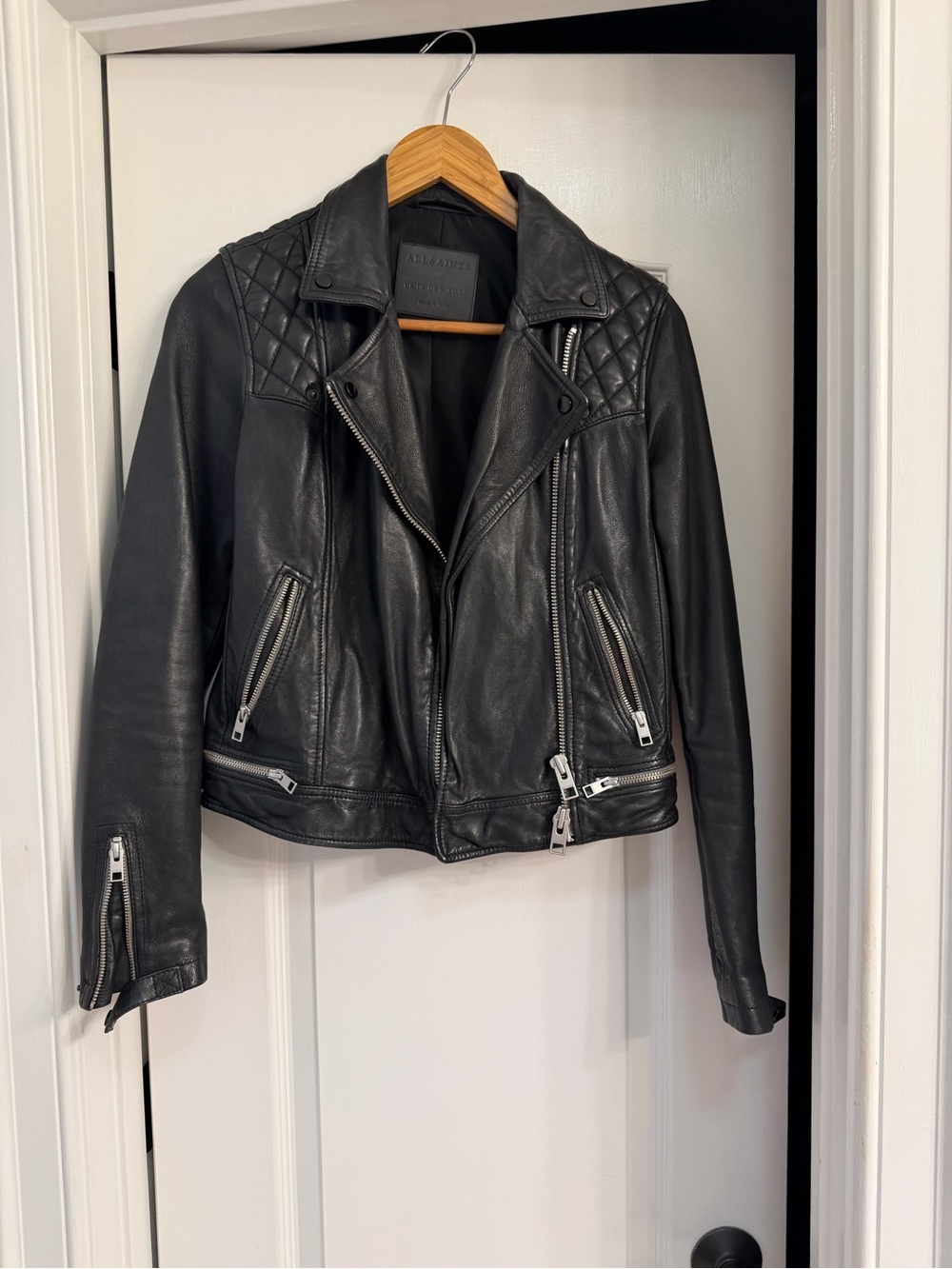 All Saints Black Leather Quilted Shoulder Jacket with Silver Hardware - Picture 6 of 8